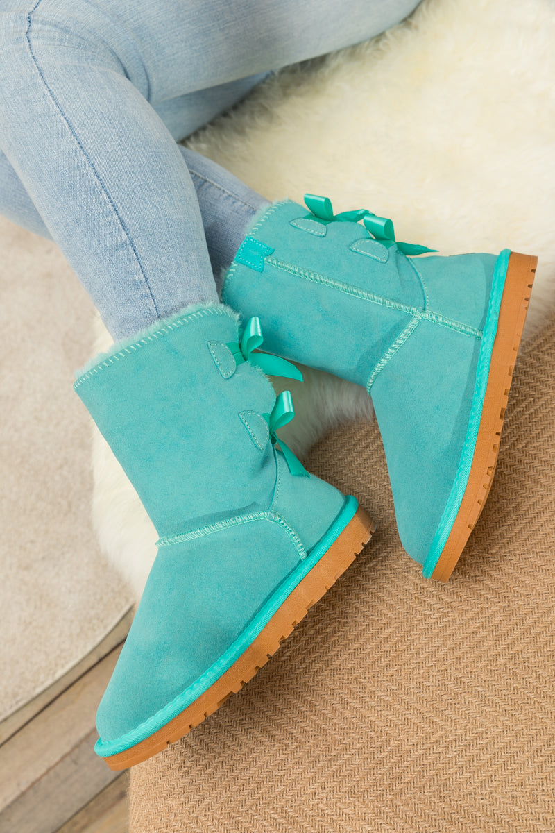 UGG Double Ballet Ribbon Bow Suede Shearling Boots - Turquoise
