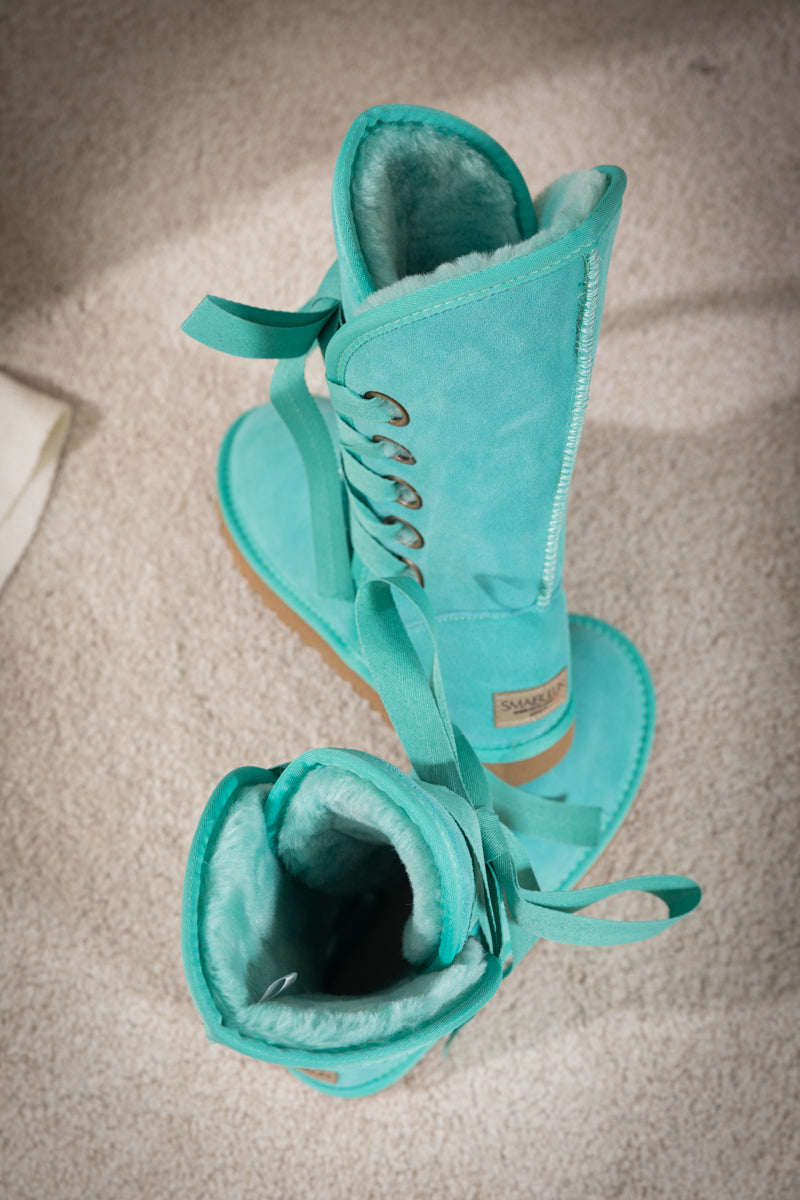 UGG Ribbon Lace-Up Faux Fur-lined Suede Boot - Turquoise