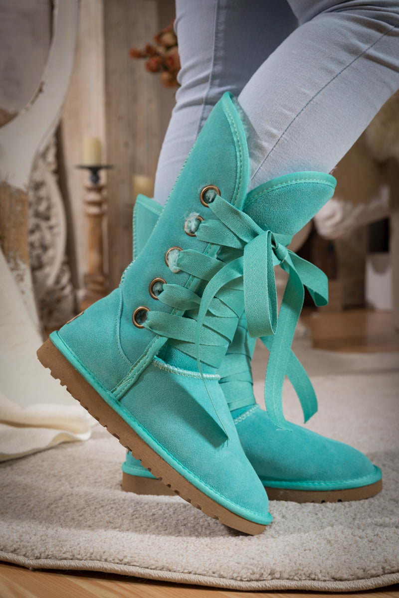 UGG Ribbon Lace-Up Faux Fur-lined Suede Boot - Turquoise