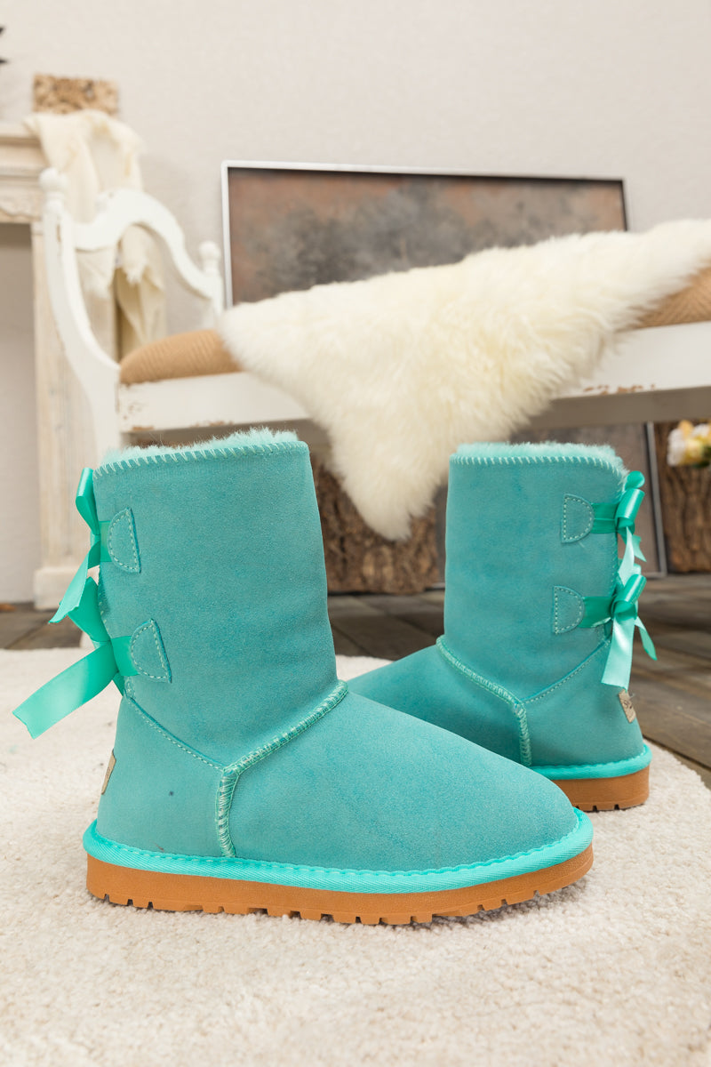 UGG Double Ballet Ribbon Bow Suede Shearling Boots - Turquoise