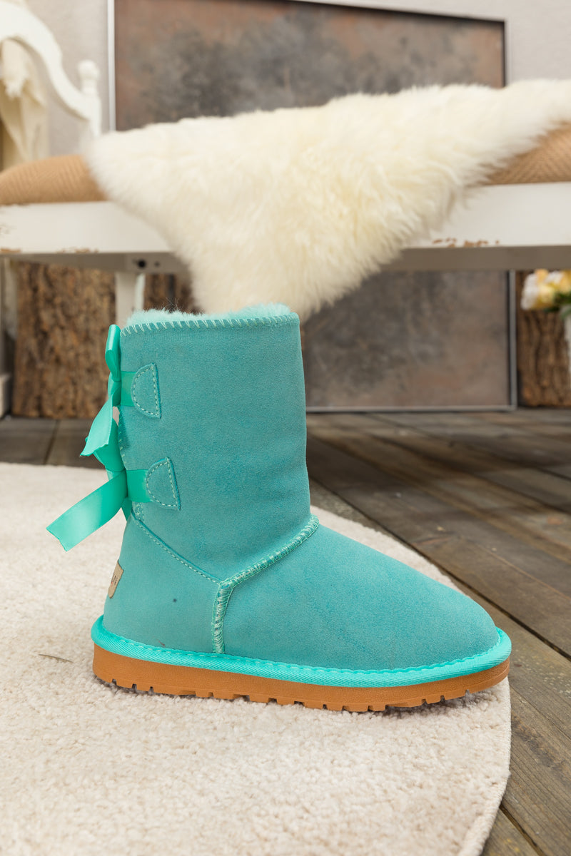 UGG Double Ballet Ribbon Bow Suede Shearling Boots - Turquoise
