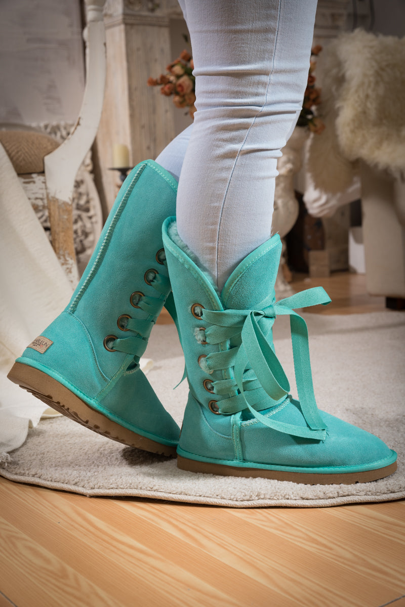 UGG Ribbon Lace-Up Faux Fur-lined Suede Boot - Turquoise