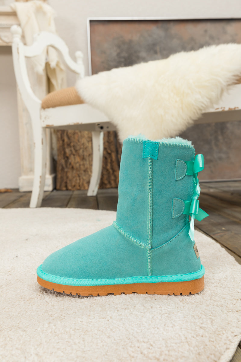 UGG Double Ballet Ribbon Bow Suede Shearling Boots - Turquoise