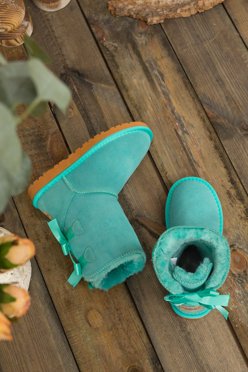 UGG Double Ballet Ribbon Bow Suede Shearling Boots - Turquoise