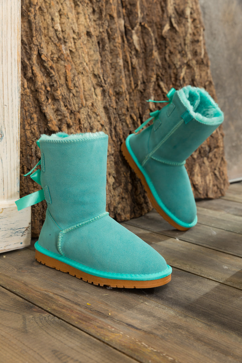 UGG Double Ballet Ribbon Bow Suede Shearling Boots - Turquoise