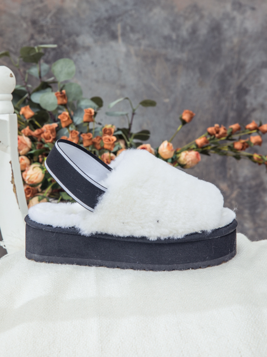 UGG Soft Woolen Fluffy Disco Platform Sandal Slipper - White