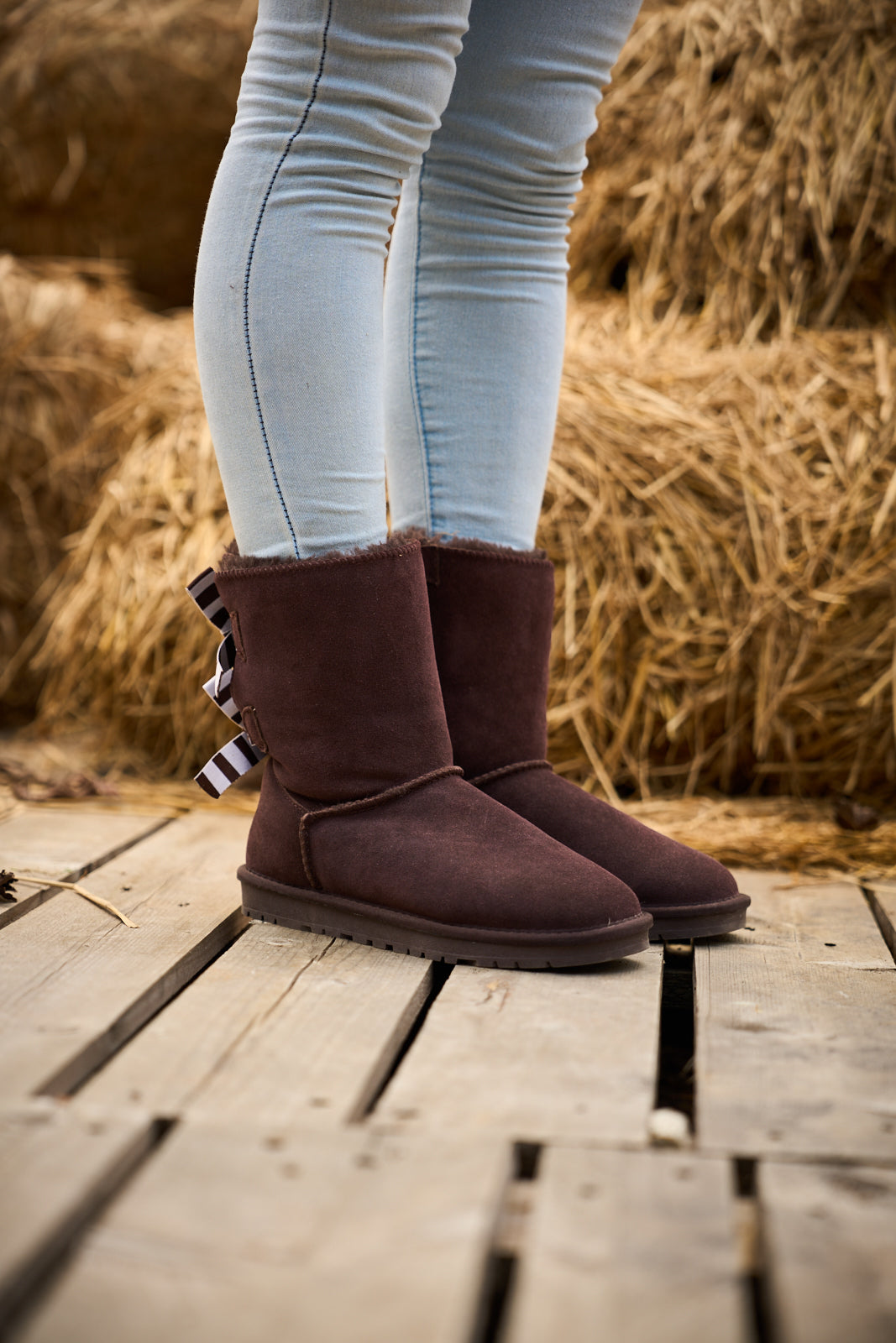 UGG Serenity Striped Bailey Bow Shearling Boots - Brown