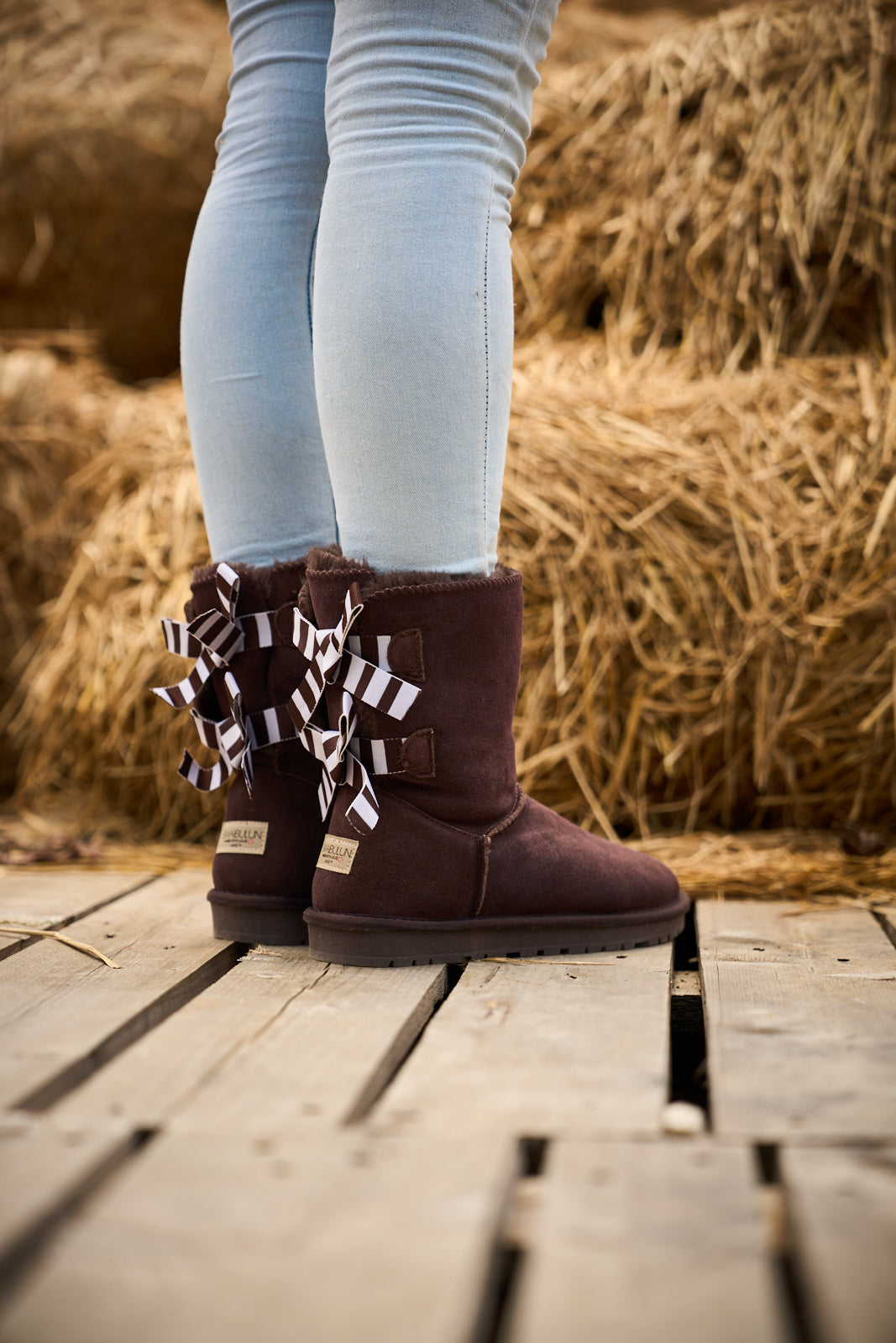 UGG Serenity Striped Bailey Bow Shearling Boots - Brown