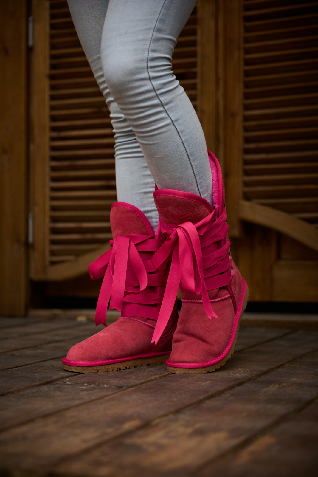 UGG Ribbon Lace-Up Faux Fur-lined Suede Boot - Fuchsia