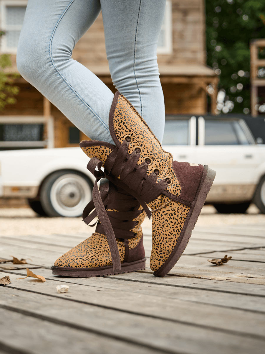 UGG Ribbon Lace-Up Faux Fur-lined Suede Boot - Leopard