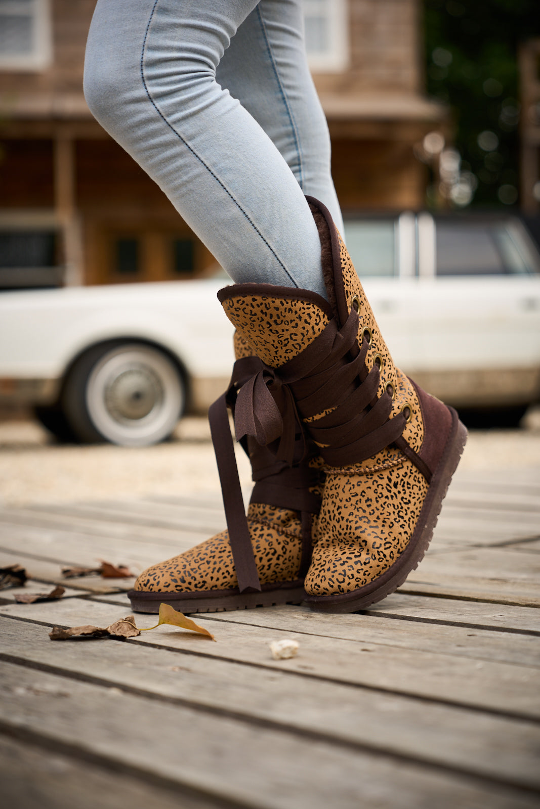 UGG Ribbon Lace-Up Faux Fur-lined Suede Boot - Leopard